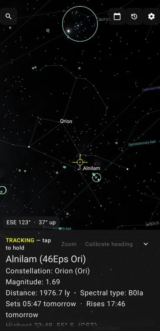 Orion and Taurus, with Alnilam selected and its details below