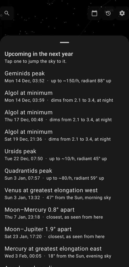 The events list: meteor-shower peaks, Algol's minima, conjunctions and elongations