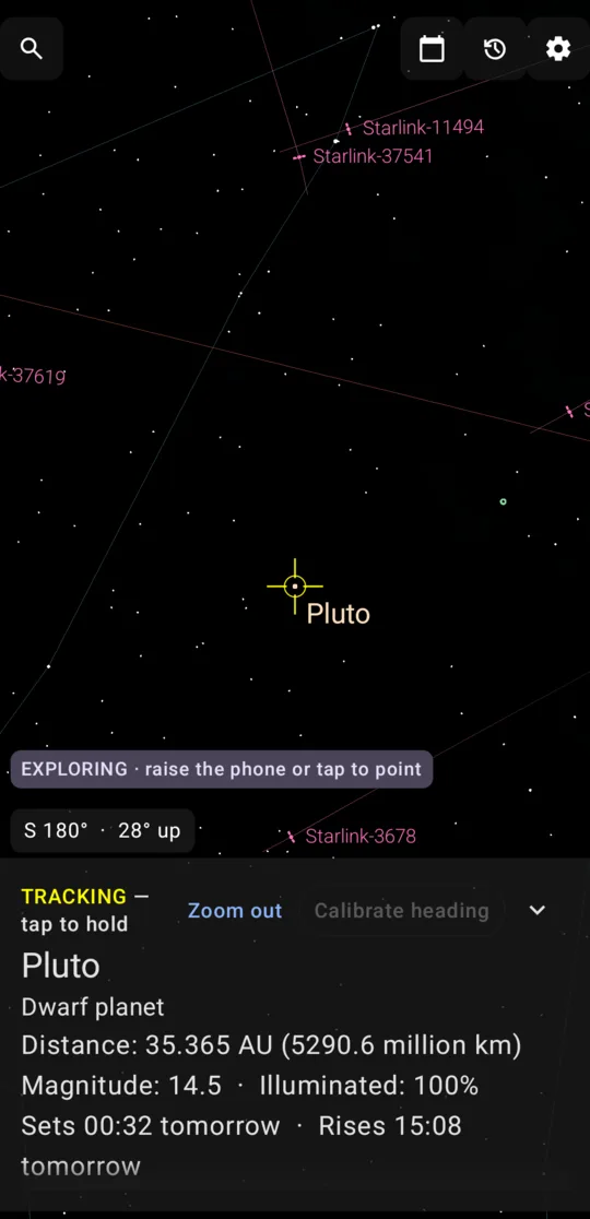 A dense field of Starlink satellites zoomed in, each with its name and the track it's on